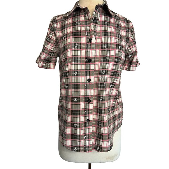 Adriana Delafield blouse medium short sleeve pink black pocket collar  FLAW - Picture 3 of 16